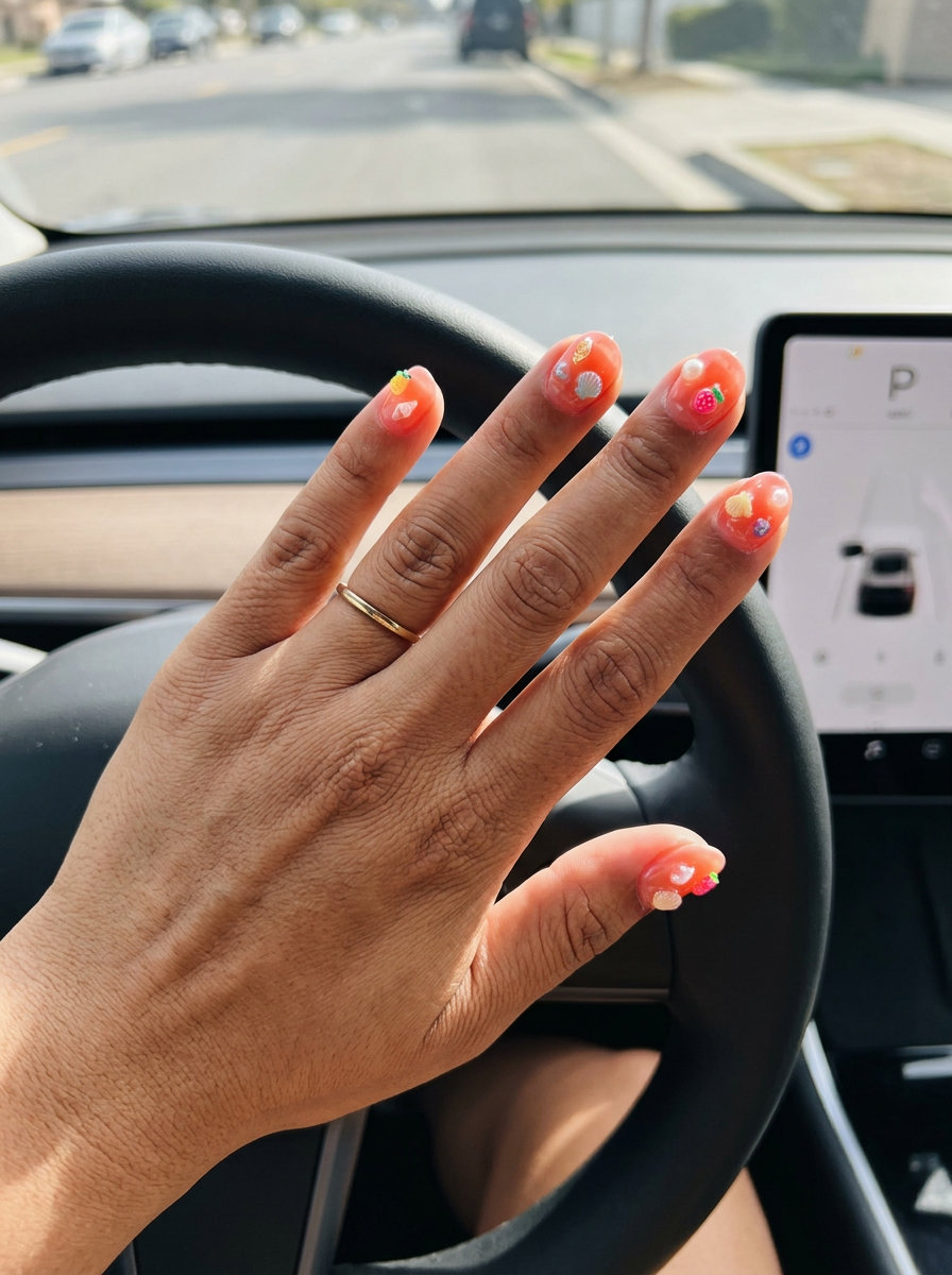 Pale Coral Jelly Squoval Nails 2026 Pale Coral Jelly Squoval nails: playful, bright look for shell summer nails 2026.