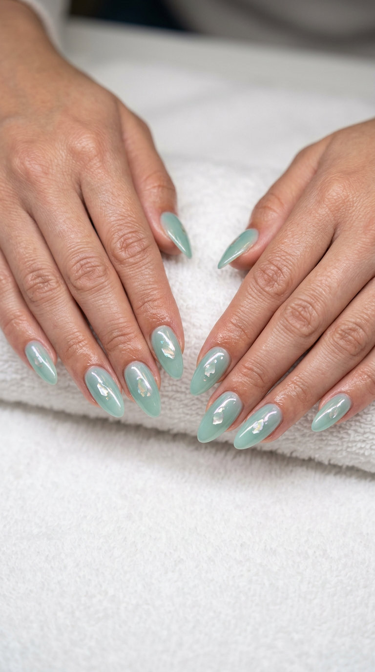 Seafoam Green Mother of Pearl Accents 2026 Seafoam Green Mother of Pearl Accents nails: bohemian, ethereal style for shell summer nails 2026.
