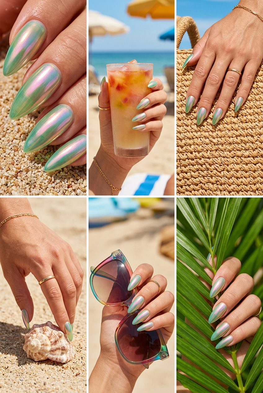 Green Aurora Chrome Nails 2026: Festival Ready Style Sheer green aurora chrome nails for shell summer nails 2026, perfect for festivals, parties, and bold summer nights out. Futuristic & enchanting.