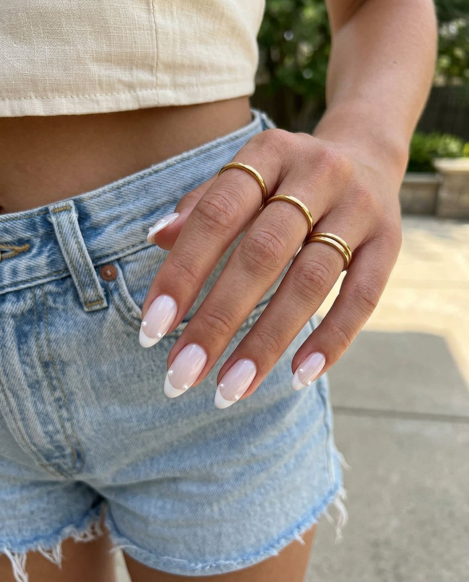 Subtle Pearl French Nails 2026 Subtle Pearl French nails: sheer nude base with white pearl accents for shell summer nails 2026.