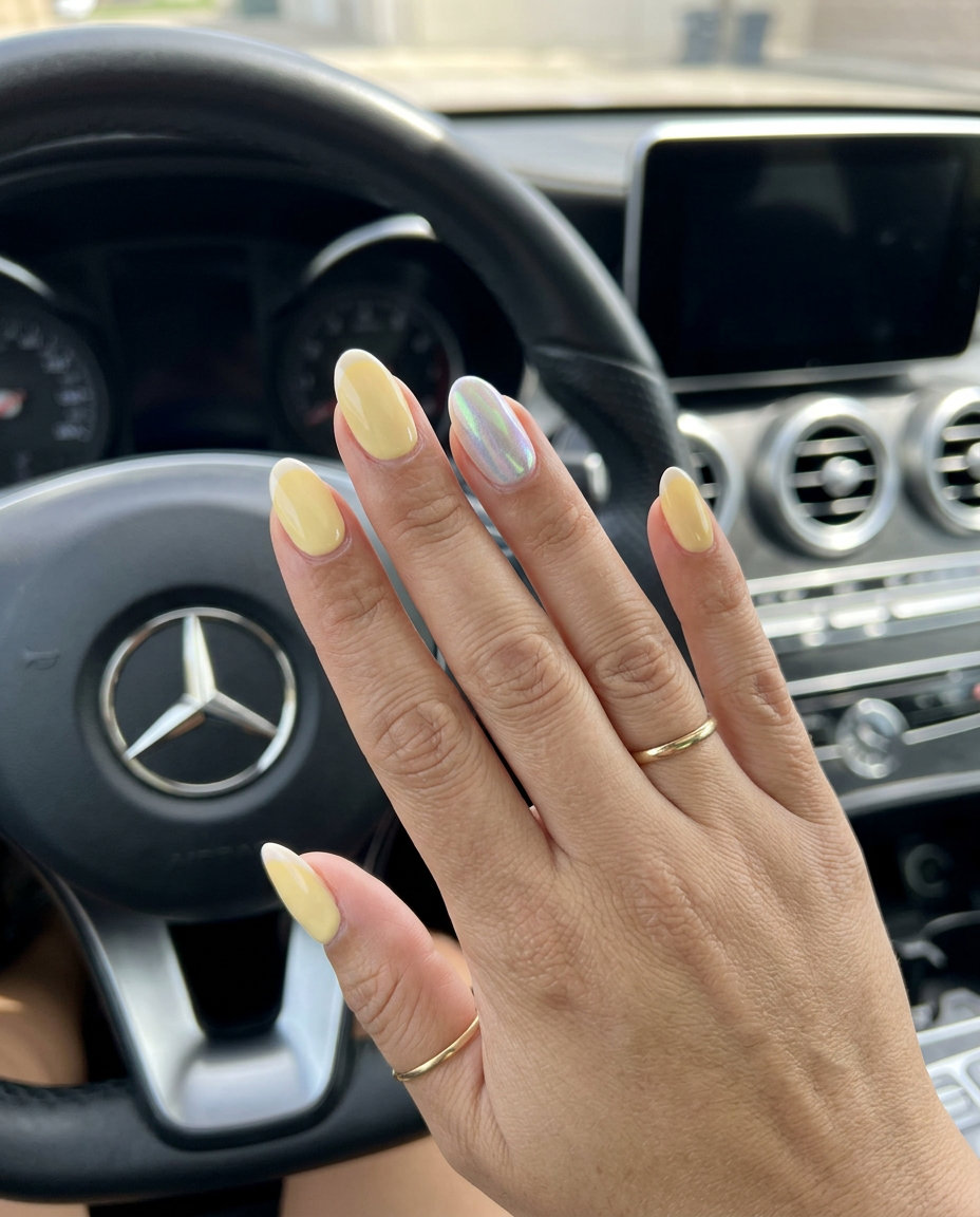 Butter Yellow Micro French Accent Short Gel Nails Summer 2026 Short gel nails summer 2026: Butter yellow with white micro French and iridescent accent.