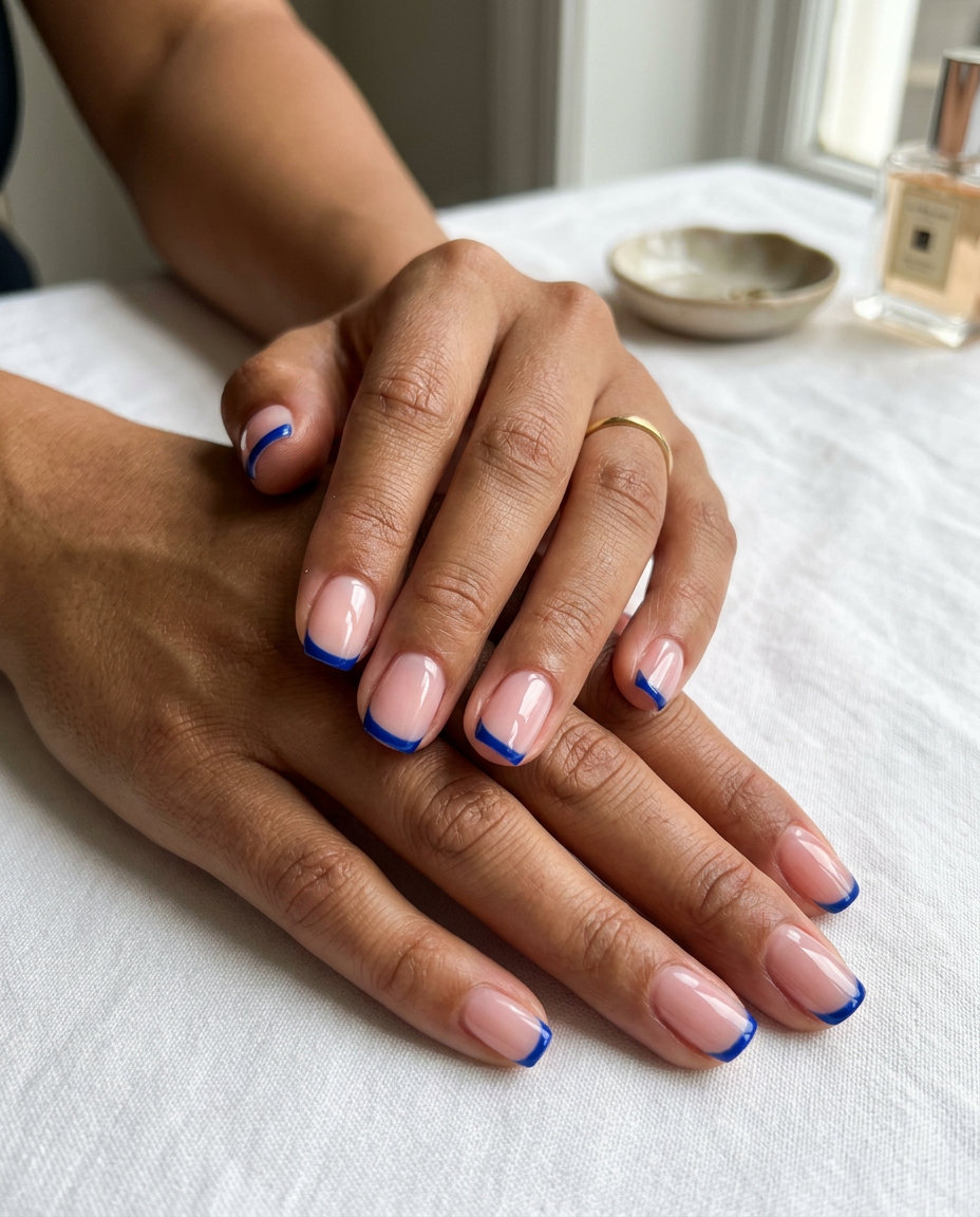 Cobalt Blue Micro French Short Gel Nails Summer 2026 Short gel nails summer 2026: Sheer nude with cobalt blue micro French tips for work and evenings.