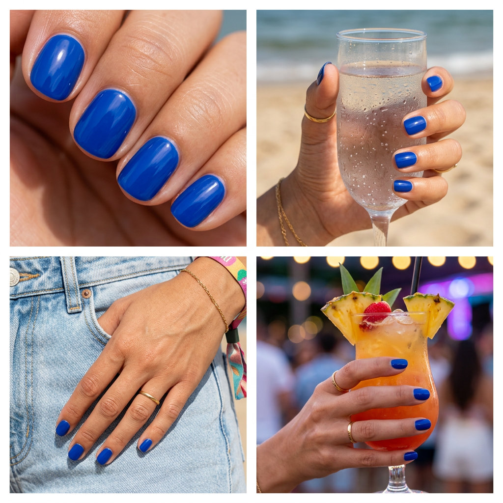 Short Gel Nails Summer 2026: Electric Blue Impact Glossy Short gel nails summer 2026: Vibrant cobalt blue glossy squoval nails for nights out.