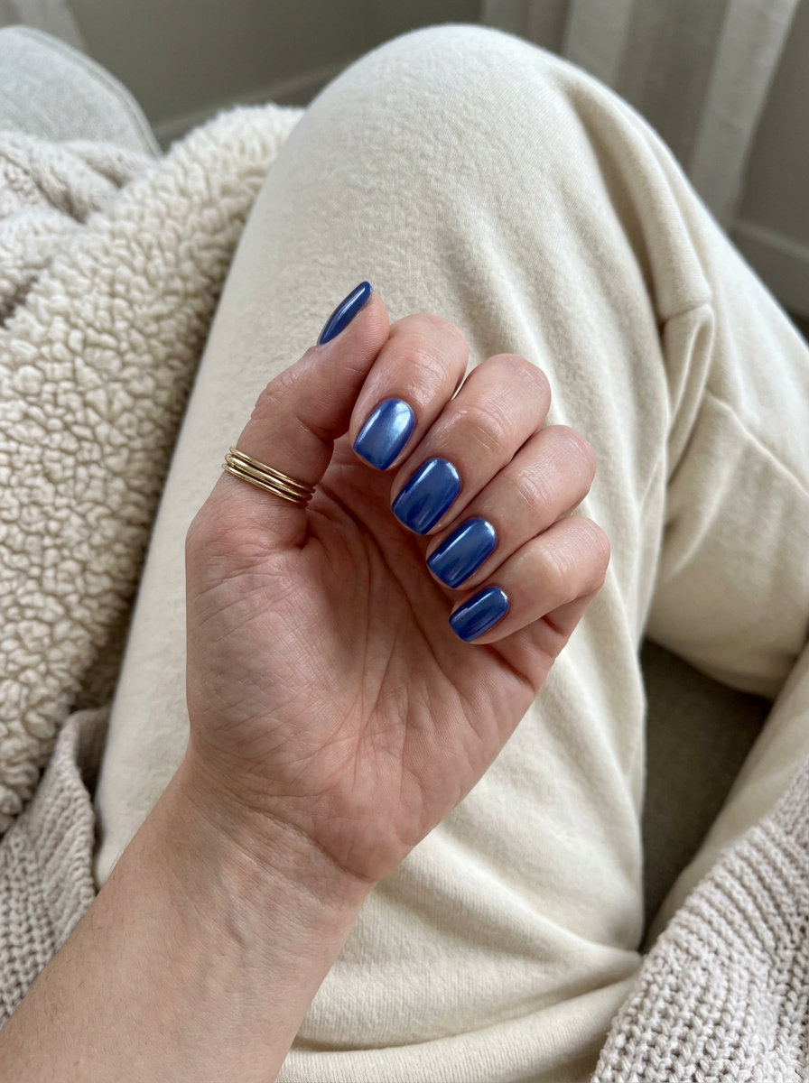 Electric Glazed Dream Short Gel Nails Summer 2026 Short gel nails summer 2026: Deep cobalt blue glazed donut effect with pearlescent chrome shift.