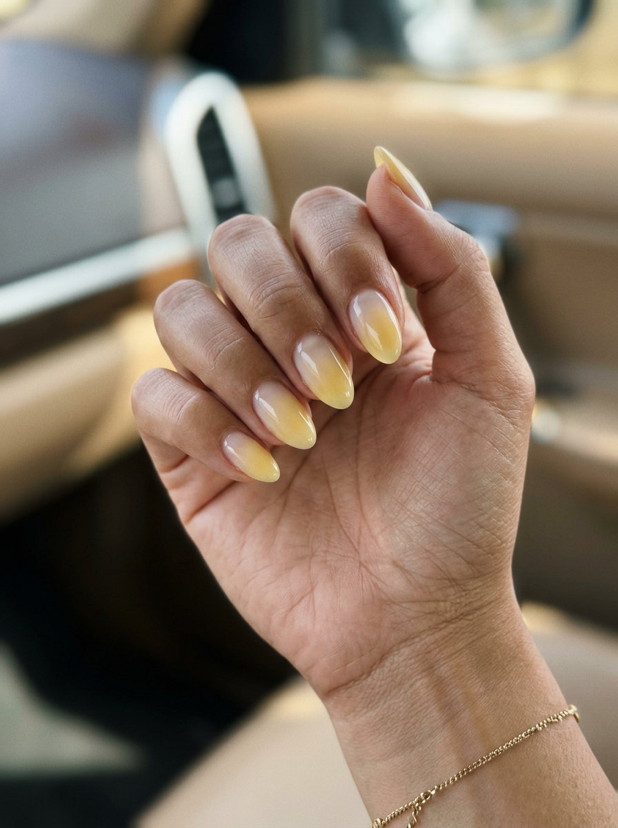 Short gel nails summer 2026: Butter yellow aura glow fading to sheer nude for daily and vacation.