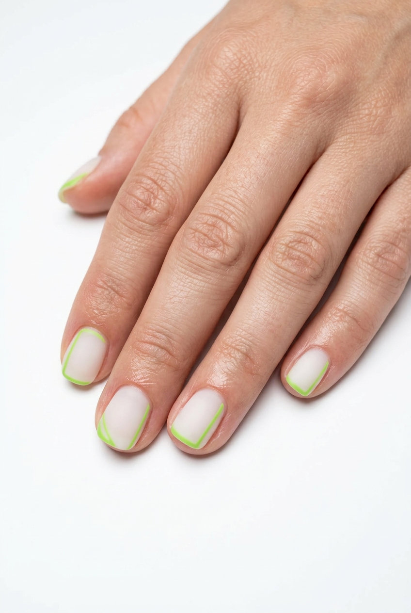 Lime Green Abstract Matte Short Gel Nails Summer 2026 Short gel nails summer 2026: Milky white with lime green abstract lines, matte finish for festivals.