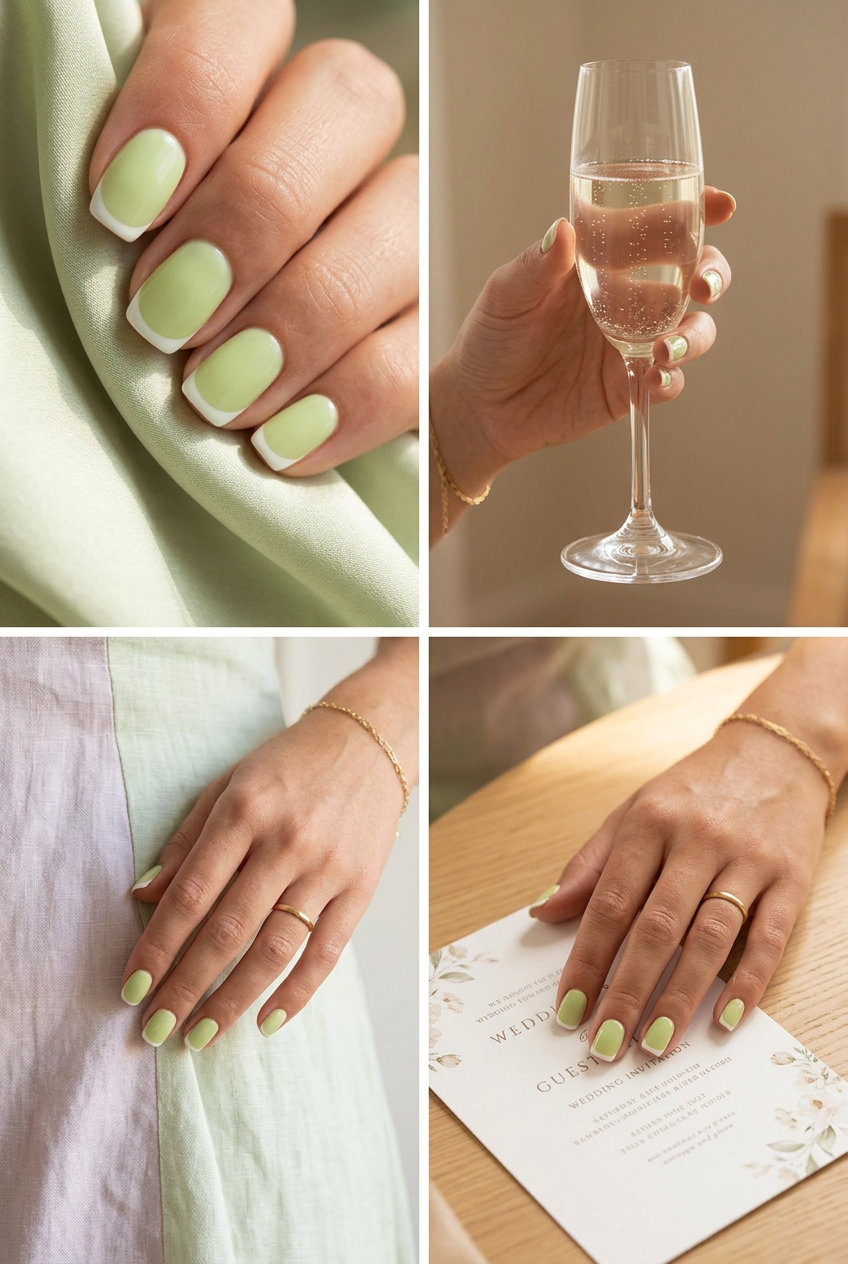 Pastel Meadow French Short Gel Nails Summer 2026 Short gel nails summer 2026: Milky lime green with white French tips for weddings and spring events.