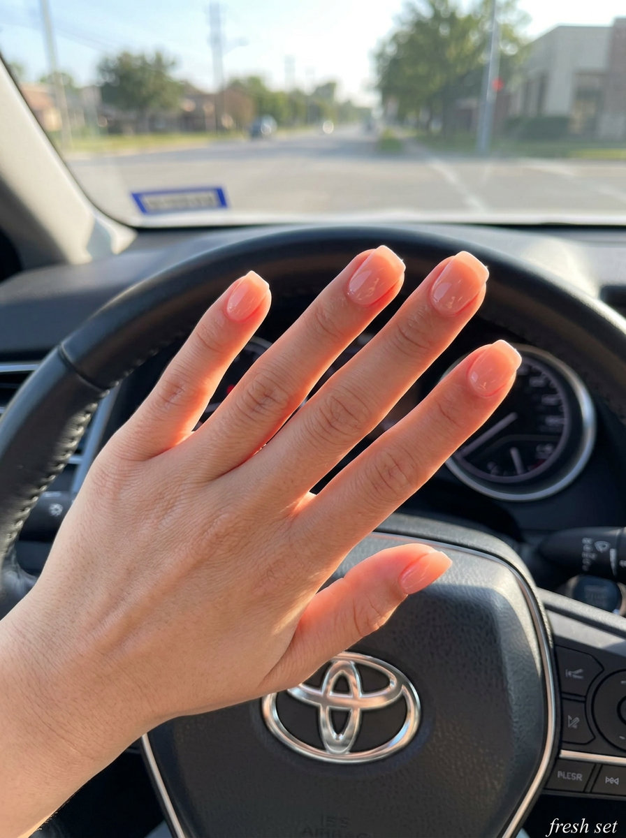 Peach Fuzz Jelly Reverse French Short Gel Nails Summer 2026 Short gel nails summer 2026: Peach fuzz jelly reverse French tips for dates and daily wear.