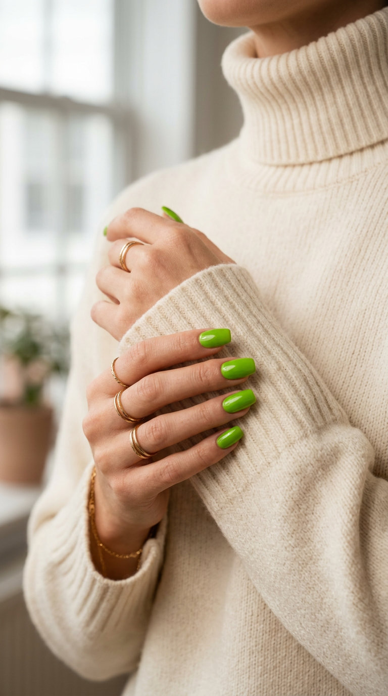 Vivid Lime Glossy Short Gel Nails Summer 2026 Short gel nails summer 2026: Vivid lime green glossy solid nails for vacation and festivals.