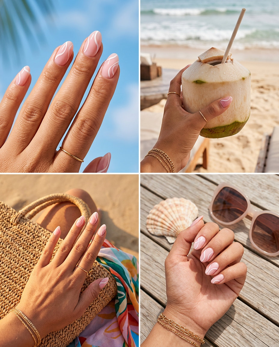 Short Gel Nails Summer 2026: Whispers of Peach Short gel nails summer 2026: Sheer peach fuzz with white and gold abstract lines.