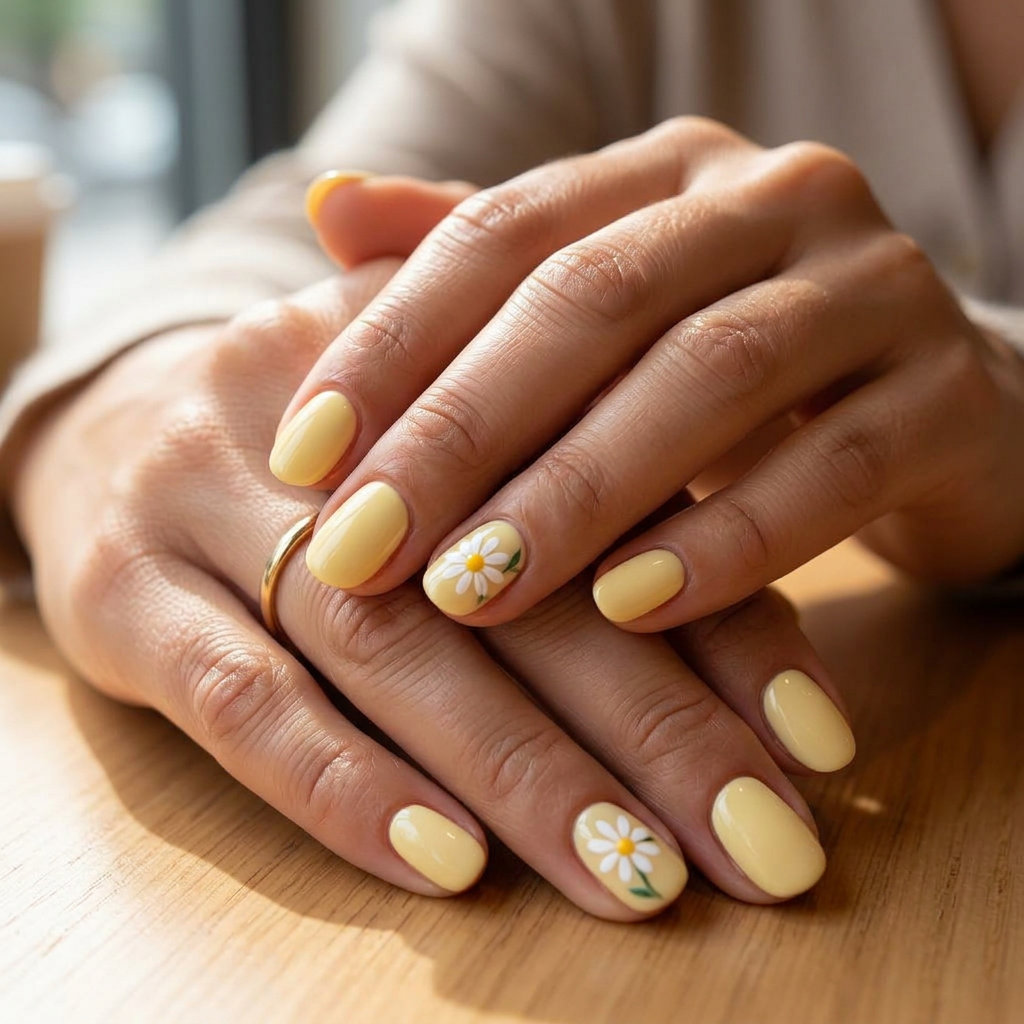 Short Oval Summer Nails 2026: Butter Yellow Daisy Art Short oval summer nails 2026: Butter yellow with hand-painted daisy for casual outings.