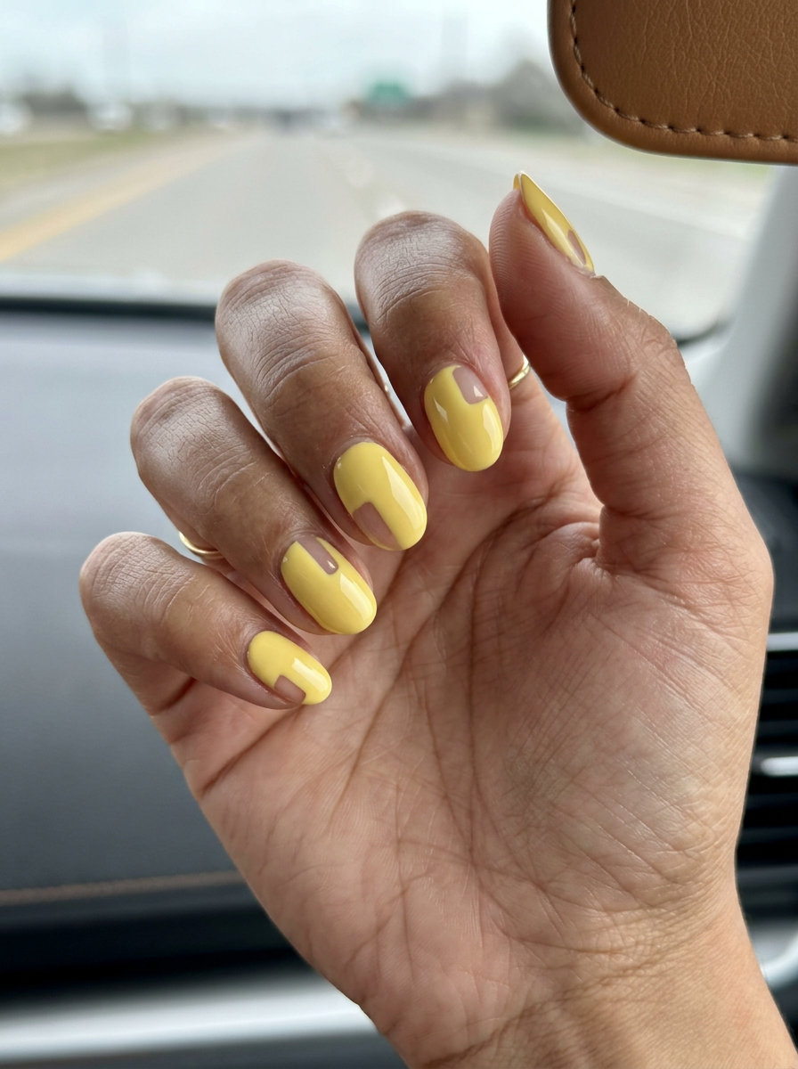 Short Oval Summer Nails 2026: Butter Yellow Geometry Short oval summer nails 2026: Bold geometry in butter yellow with negative space for edgy looks.