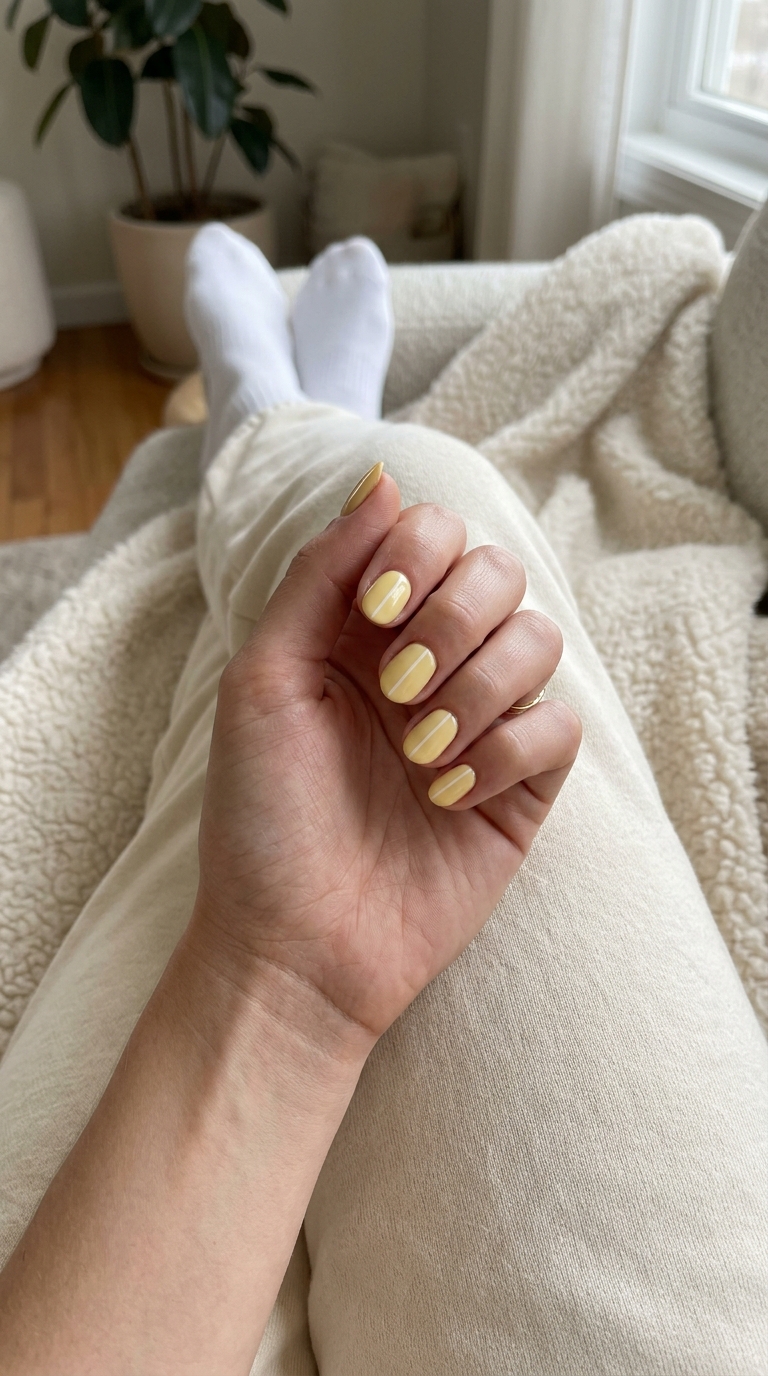 Short Oval Summer Nails 2026: Butter Yellow Linear Chic Short oval summer nails 2026: Butter yellow with crisp white linear accents for chic daily and work looks.