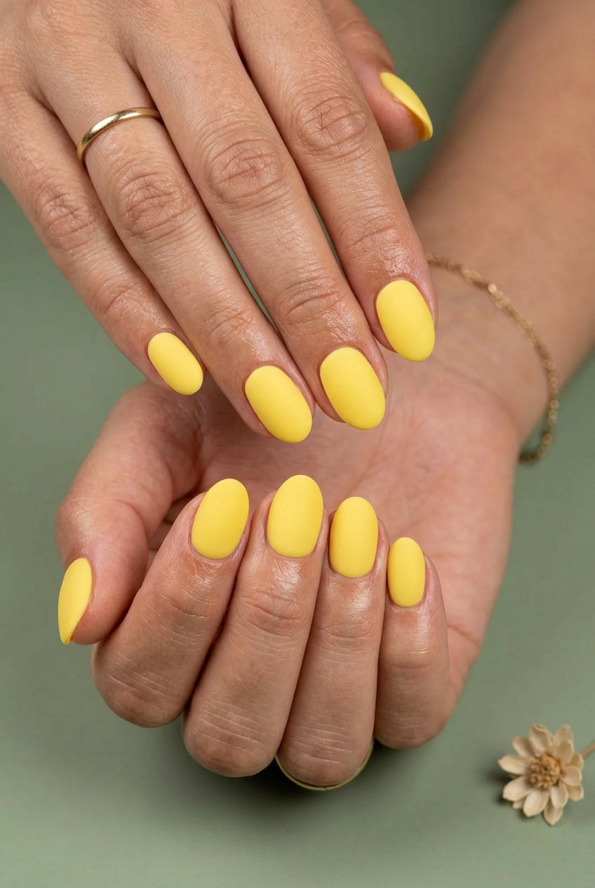 Matte Butter Yellow Short Oval Nails 2026 Butter yellow matte zen short oval nails, perfect for minimalist style and relaxed weekends. Short oval summer nails 2026.