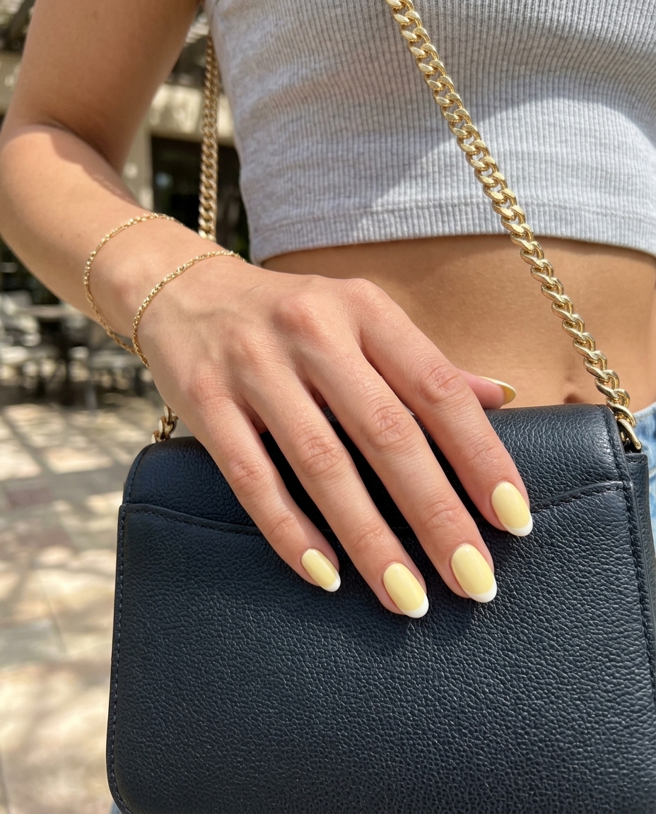 Retro Butter Yellow Short Oval Nails 2026 Butter yellow reverse French short oval nails, ideal for casual summer days. Short oval summer nails 2026.