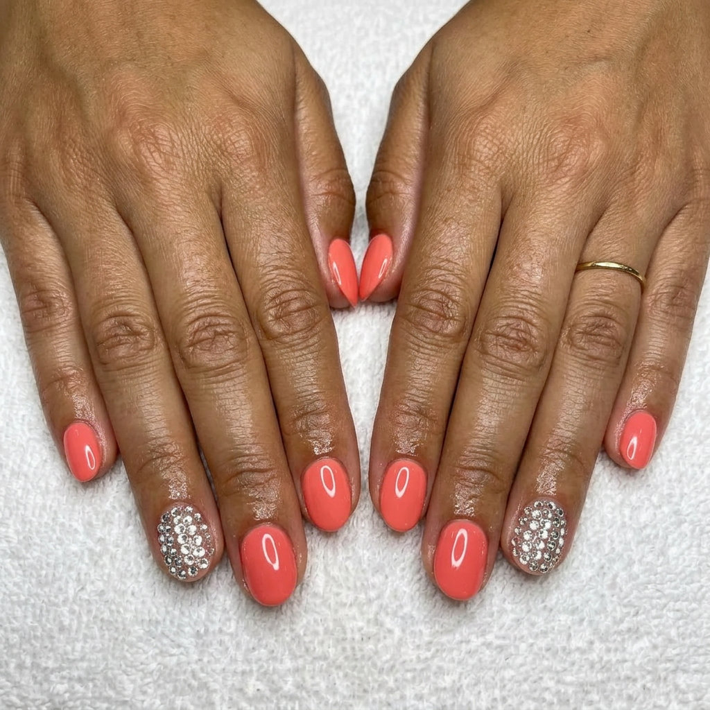 Glamorous Coral Blush Short Oval Nails 2026 Coral blush rhinestone sparkle short oval nails, perfect for summer parties and cocktail hour. Short oval summer nails 2026.