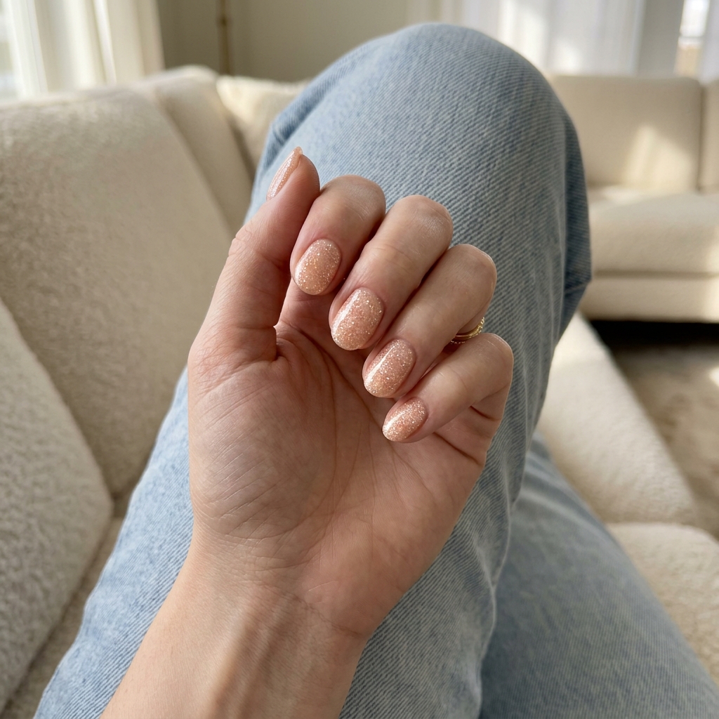 Short Oval Summer Nails 2026: Peach Glitter Bomb Short oval summer nails 2026: Light peach glitter bomb for glamorous festivals and parties.