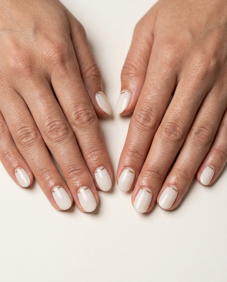 Short Oval Summer Nails 2026: Chic Milky White & Gold Short oval summer nails 2026: Minimalist chic milky white with gold line accent for work or events.
