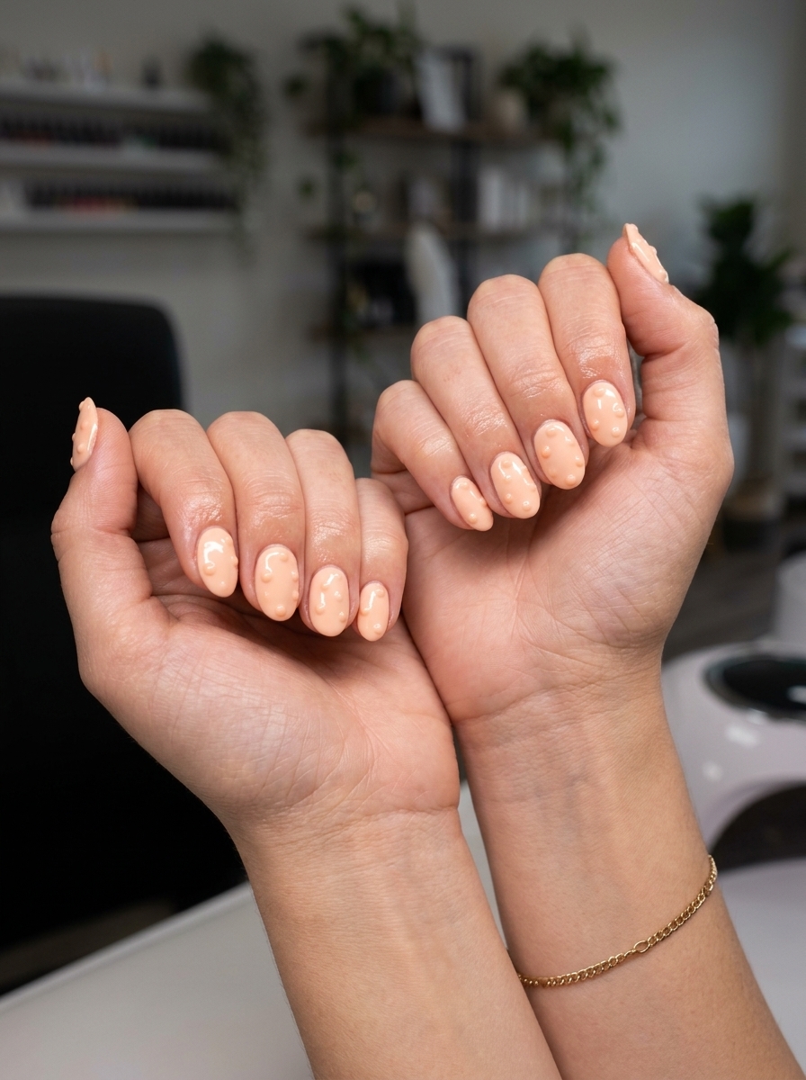 Textured Dot Short Oval Summer Nails 2026 Light peach textured dot play short oval nails, perfect for casual summer days. Short oval summer nails 2026.