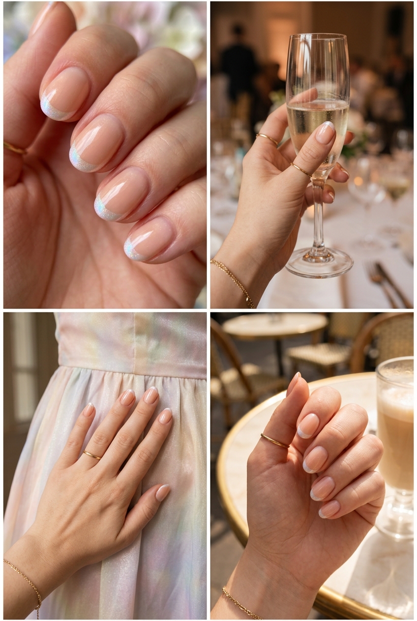Short Oval Summer Nails 2026: Peach Shimmer French Short oval summer nails 2026: Light peach shimmer french tips for elegant formal events and date nights.
