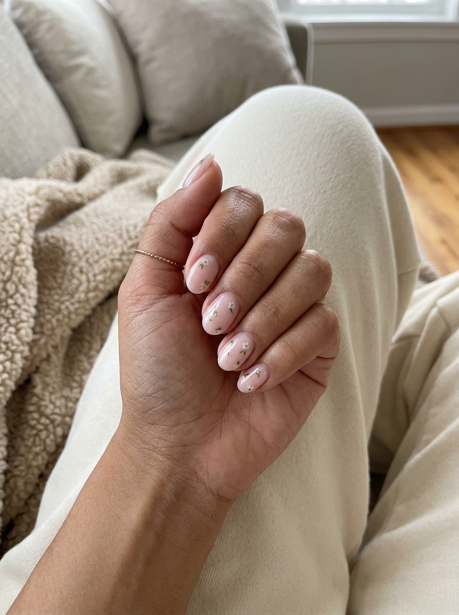 Short Oval Summer Nails 2026: Pink Milk Bath Blooms Short oval summer nails 2026: Sheer pink milk bath with floral decals for romantic garden parties.