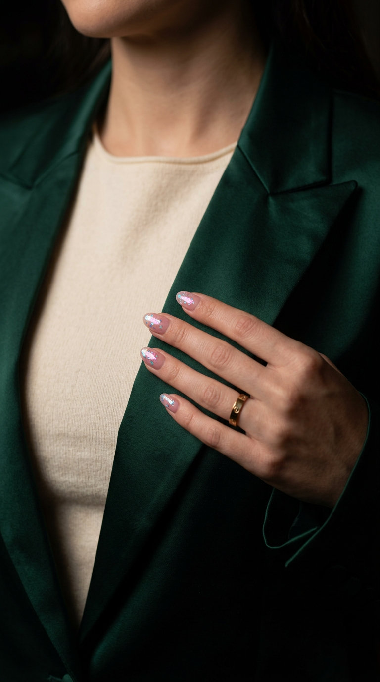 Short Oval Summer Nails 2026: Pink Chrome Shimmer Short oval summer nails 2026: Sheer pink with iridescent chrome flakes for ethereal date nights and events.