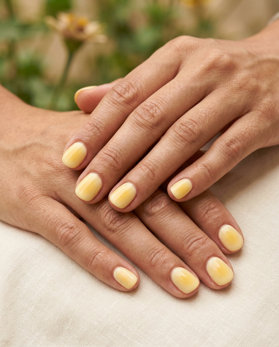 Whimsical butter yellow creamy aura short round summer nails 2026 with soft yellow.
