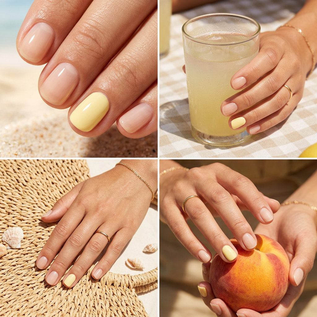 Short round summer nails 2026: Milky butter yellow accent with sheer nude for sophisticated daily wear.
