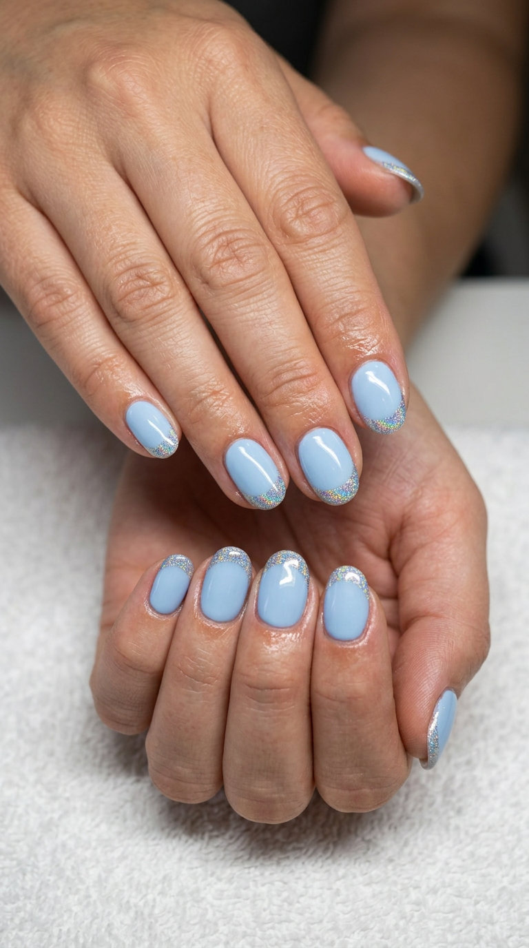 Short round summer nails 2026: Pastel blue with holographic glitter French tips for futuristic parties.