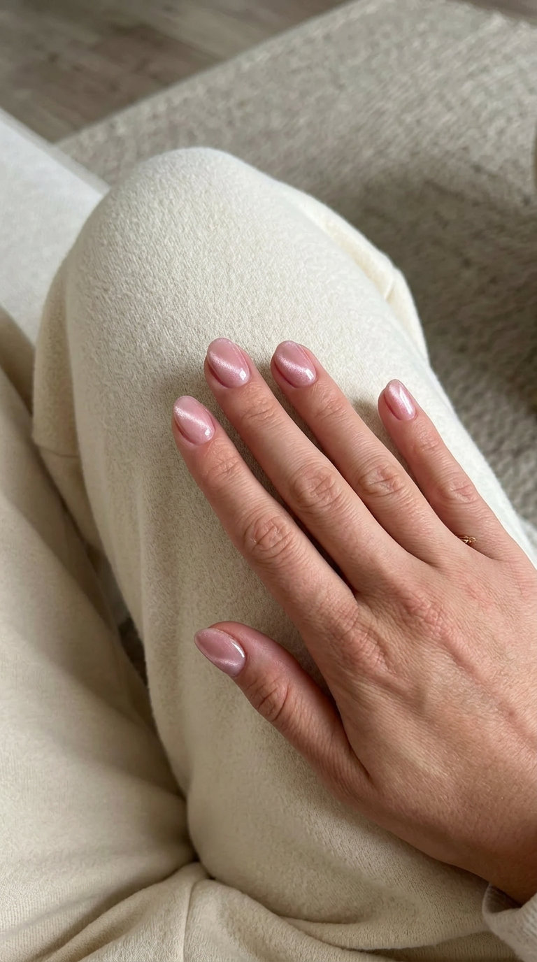 Glamorous rose quartz cat-eye short round summer nails 2026 for date night.