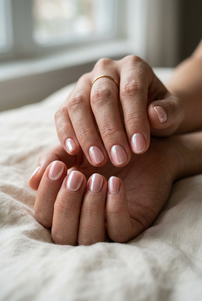 Short round summer nails 2026: Sheer peach with iridescent shimmer for a glamorous date night look.
