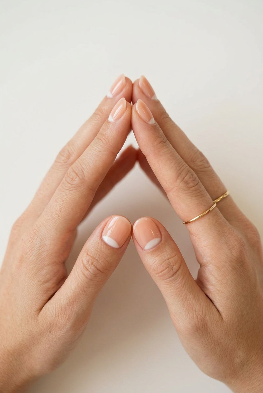 Sophisticated sunset reverse French short round summer nails 2026 with sheer peach and milky white.