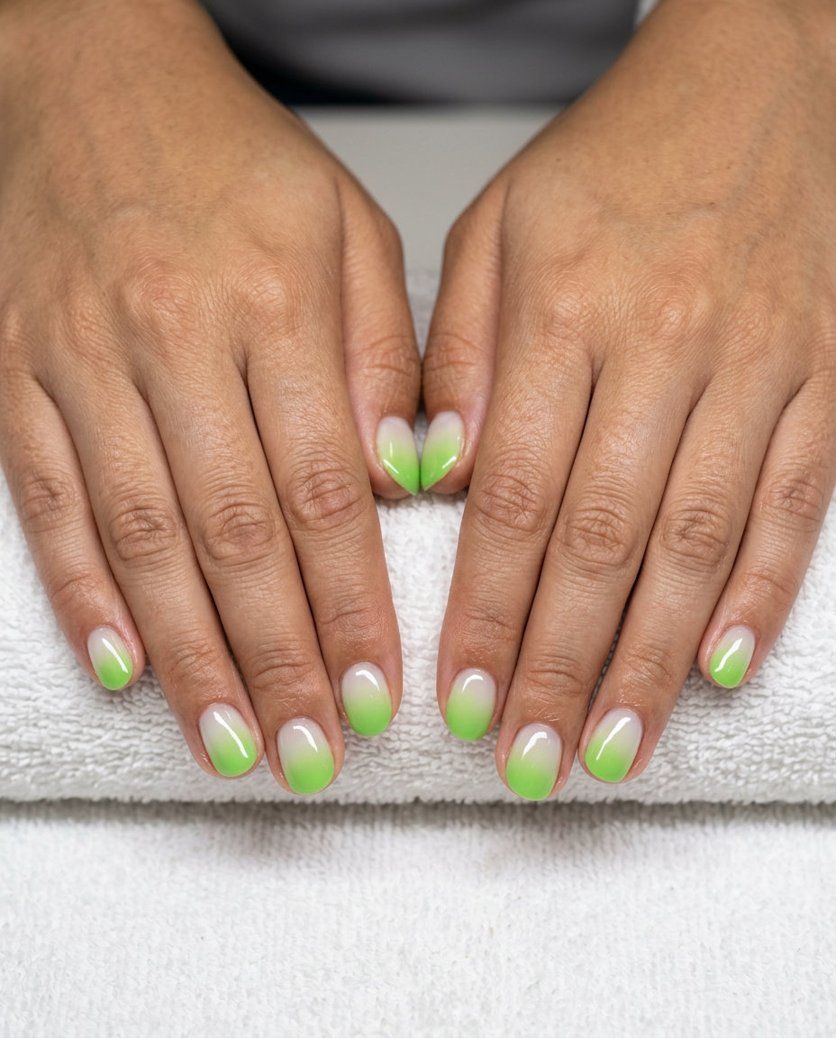 Vibrant tropical sunset gradient short round summer nails 2026 with lime green.