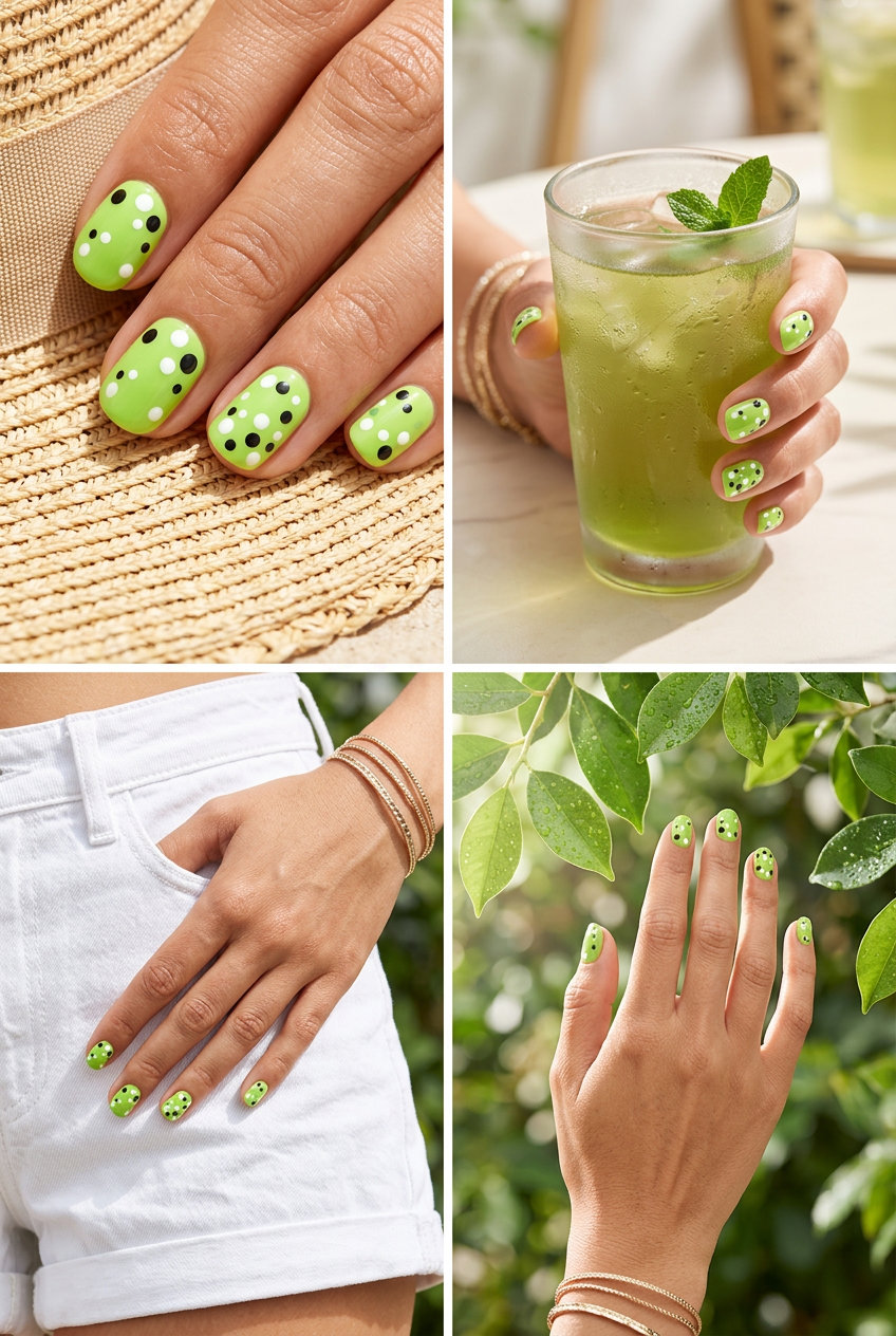 Playful vivid abstract dots short round summer nails 2026 in lime green with white and black.