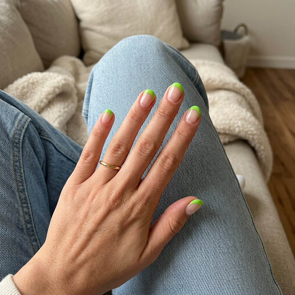 Short round summer nails 2026: Electric Negative Space French with lime green tips.
