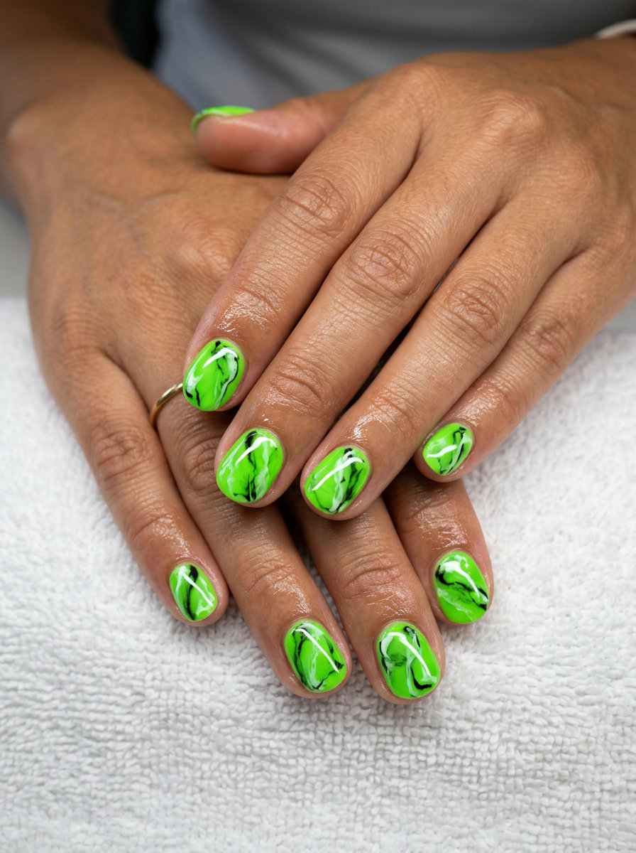 Short round summer nails 2026: Electric Marble Swirl in lime green, white, and black.