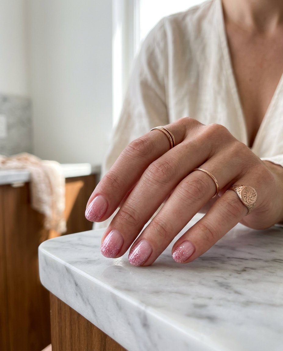 Short round summer nails 2026: Fairy Floss Glitter Ombre for romantic events.