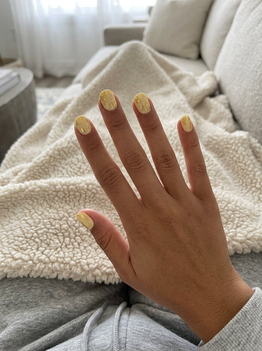 Short round summer nails 2026: Golden Hour Foil Flakes in butter yellow and gold.