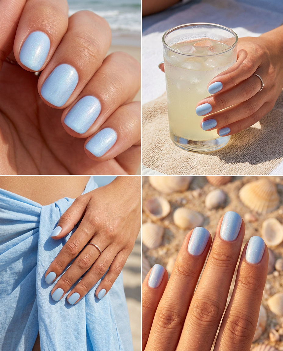 Short round summer nails 2026: Ocean Mist Shimmer Solid in pastel blue.