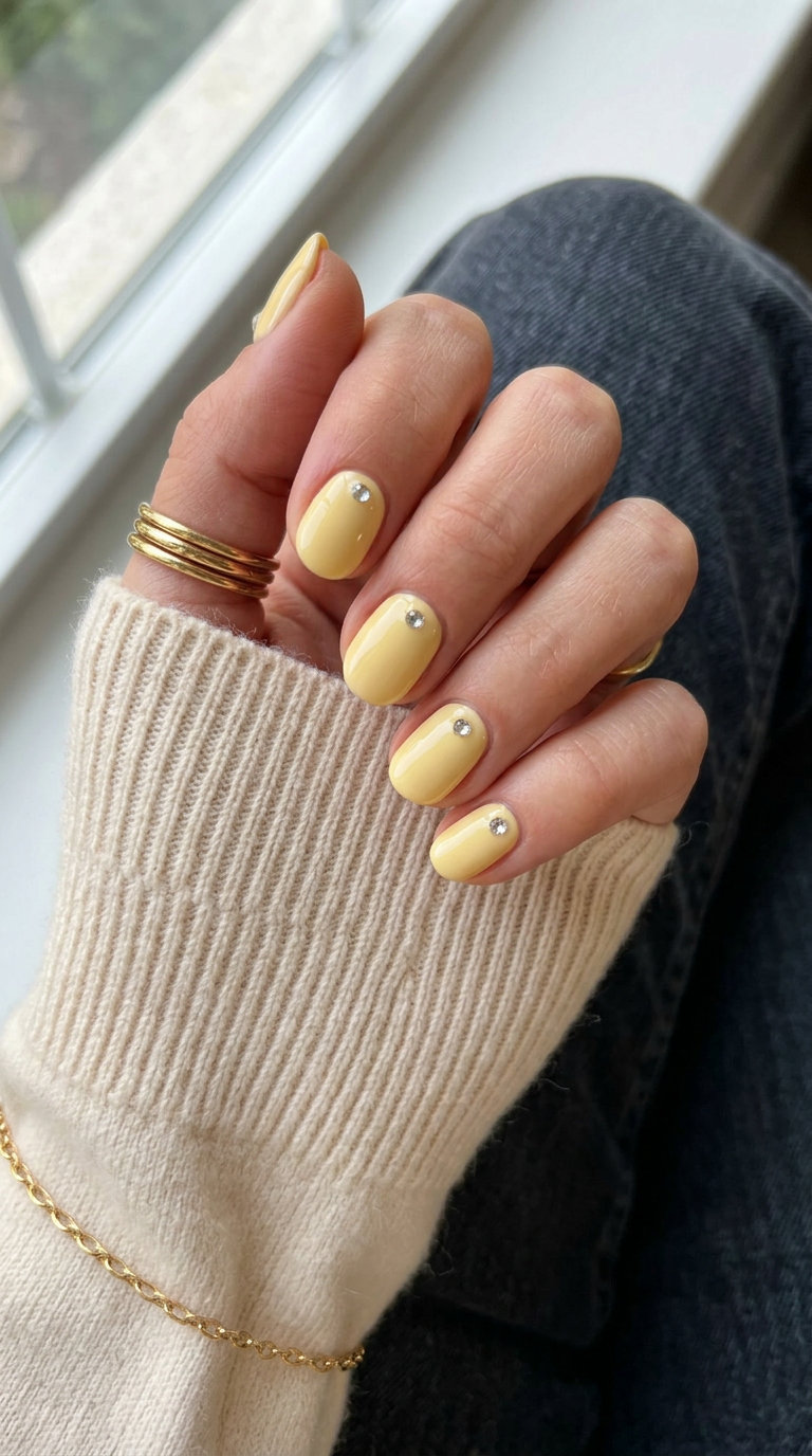 Short round summer nails 2026: Sunshine Sparkle Accent with butter yellow and rhinestones.