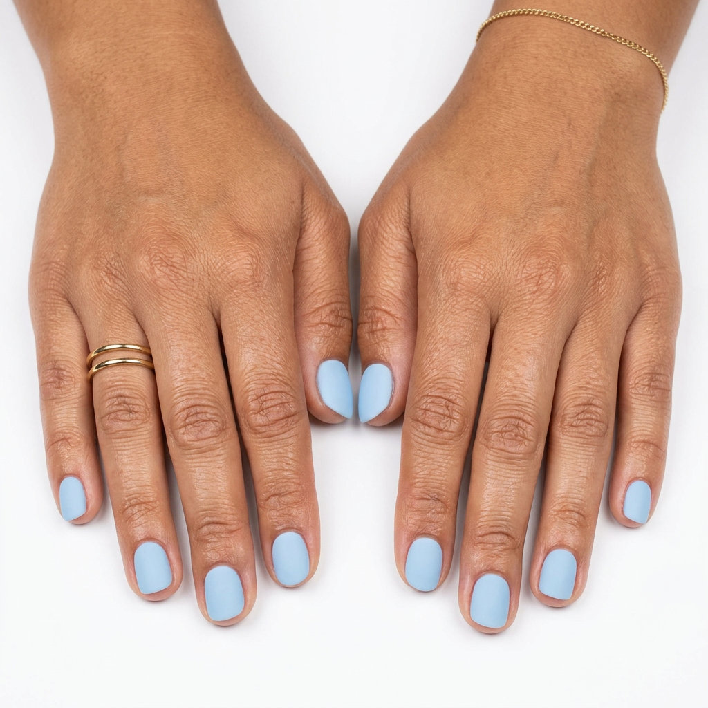 Short round summer nails 2026: Velvet Sky Blue Sophisticate with matte finish.