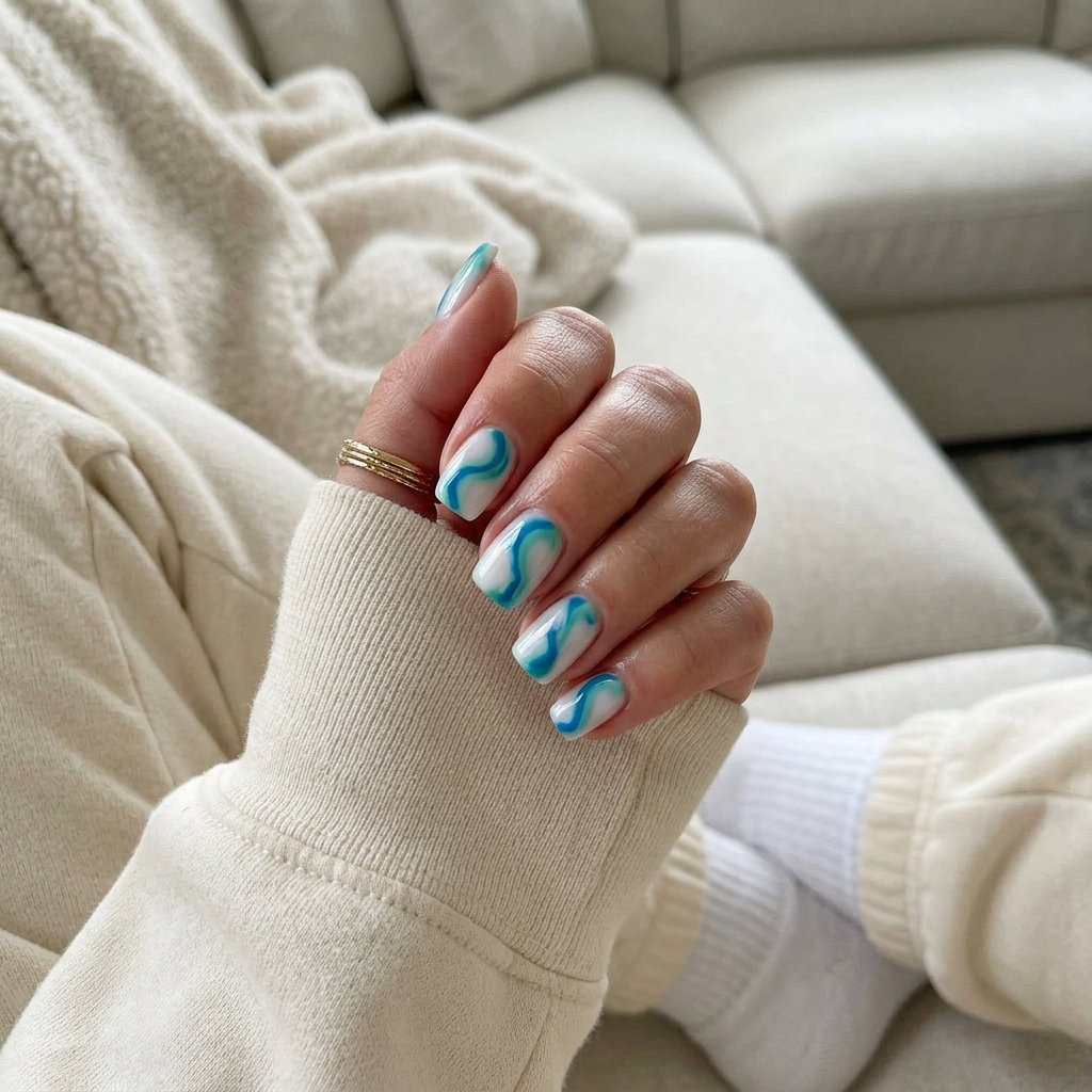 Ocean Swirls Squoval Nails 2026 Bohemian abstract ocean swirls squoval short summer nails 2026 for vacation.