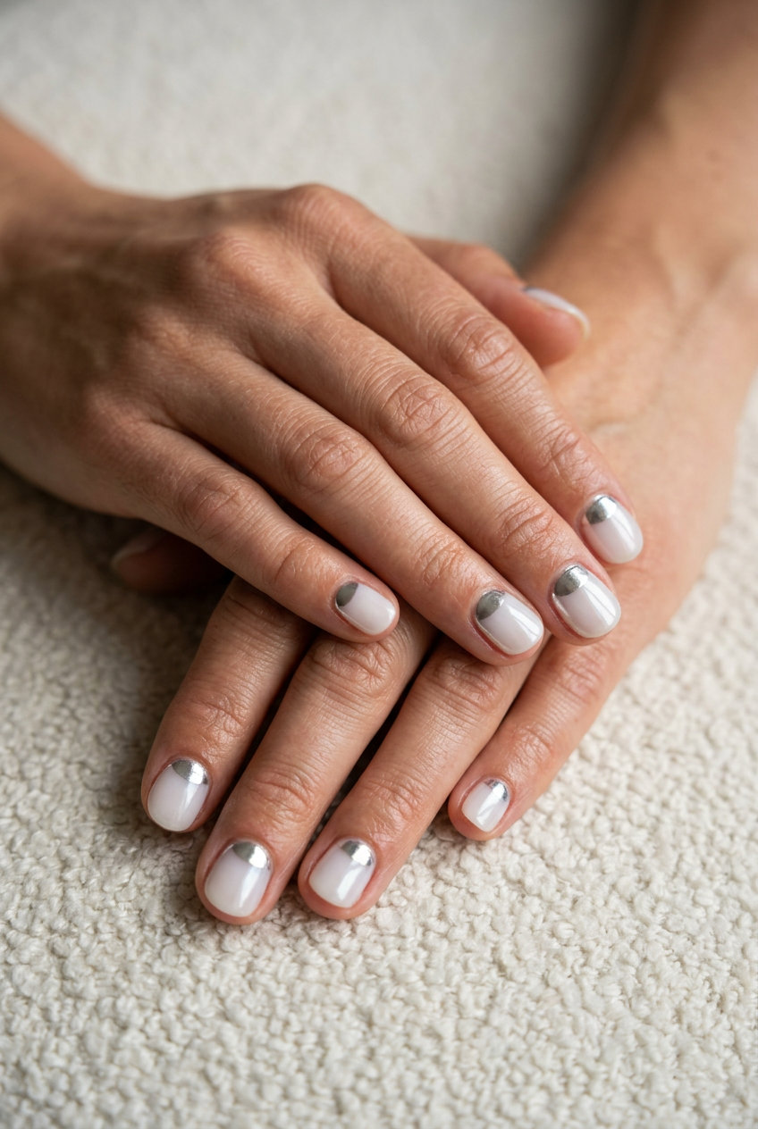 Short Summer Nails 2026: Chrome Half Moon Accent Short summer nails 2026: Glamorous silver chrome half moon accent on a milky white base for parties.