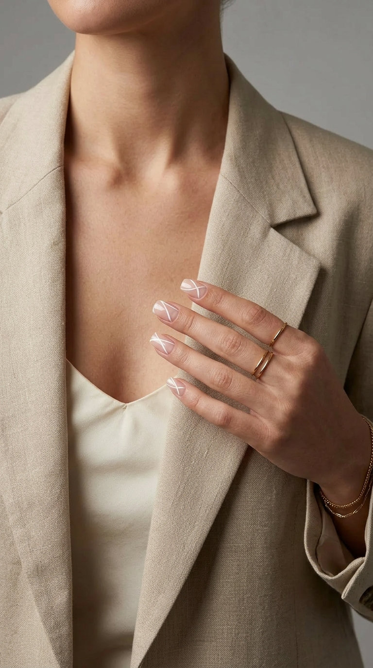 White Line Art Nails 2026 Minimalist clean line art short summer nails 2026 for casual chic.