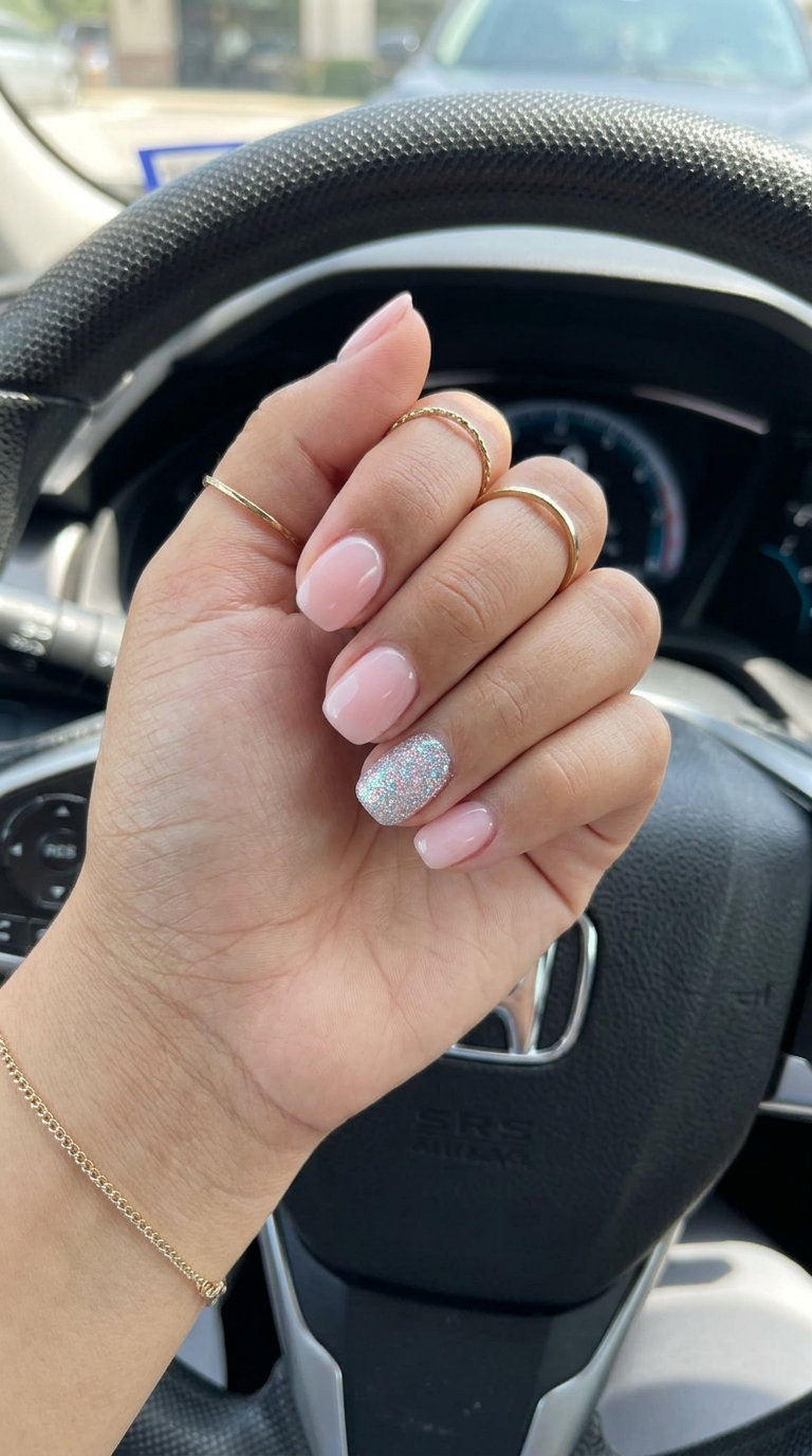 Short Summer Nails 2026: Glitter Accent Short summer nails 2026: Glamorous iridescent glitter accent nail on a sheer pink base for parties.