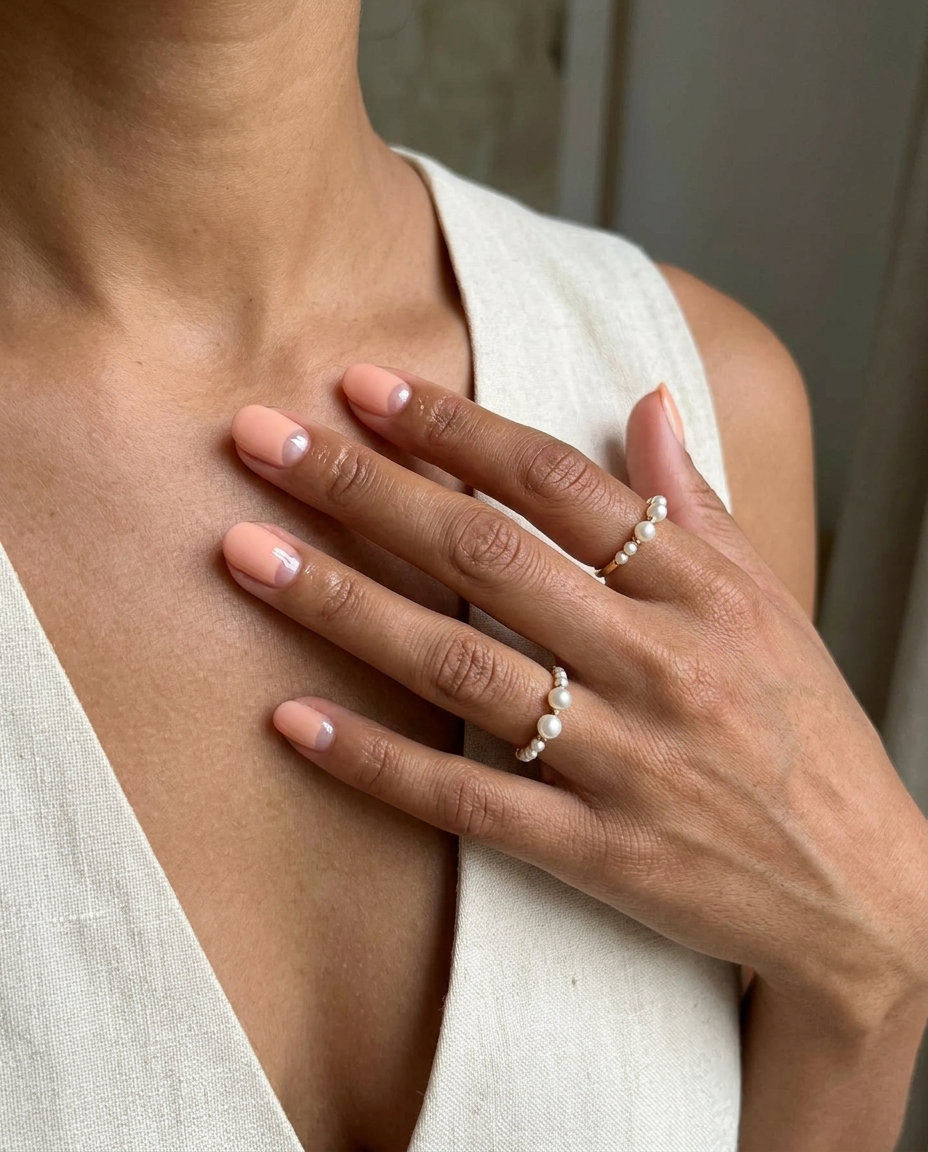 Peach Fuzz French Nails 2026 Playful juicy reverse French short summer nails 2026 for picnics and daily wear.