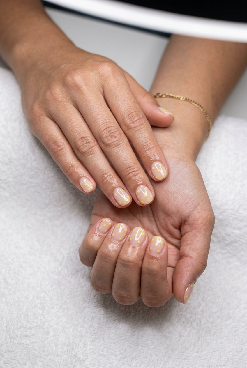 Short Summer Nails 2026: Lemon Dot Style Short summer nails 2026: Playful sheer lemon yellow polka dots on a clear base for a whimsical look.