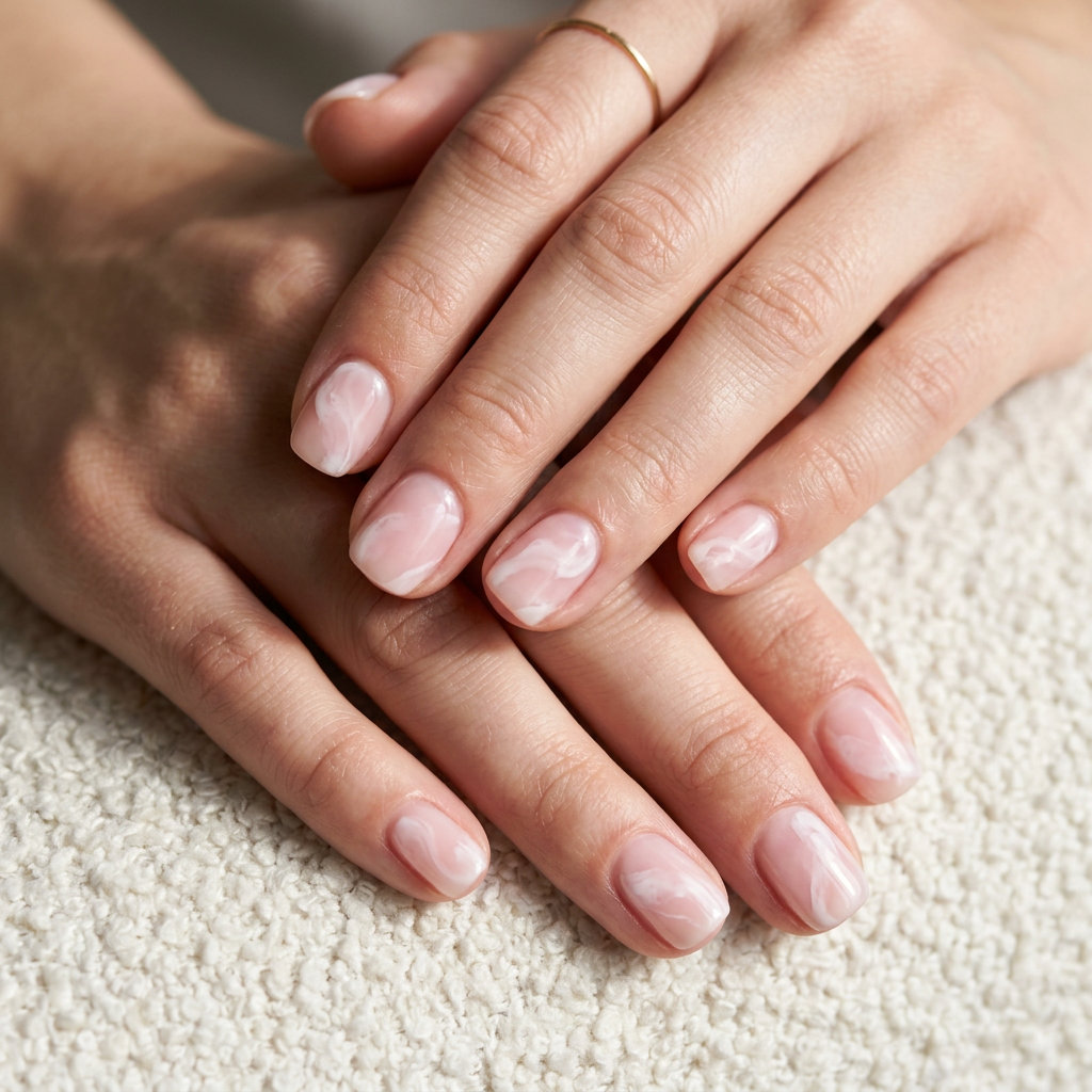 Short Summer Nails 2026: Milky Cloud Swirls Short summer nails 2026: Dreamy milky white cloud swirls on a sheer pink base for ethereal style.