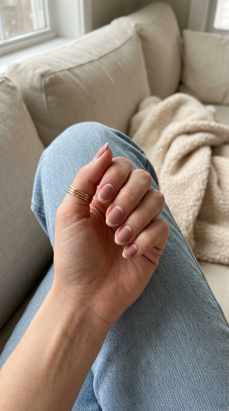 Nude Reverse French Nails 2026 Subtle nude reverse French short summer nails 2026 for work and daily wear.