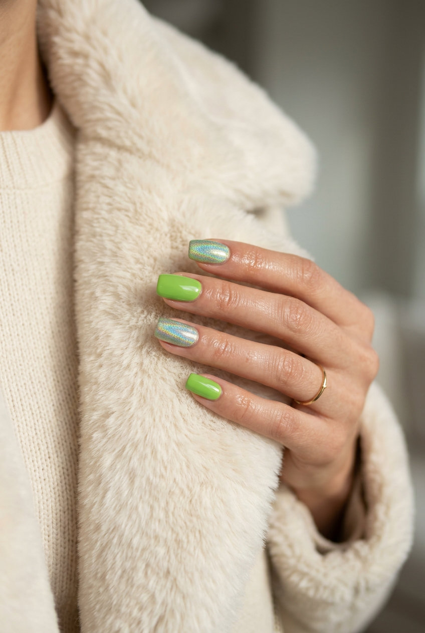 Lime Holographic Nails 2026 Edgy prismatic lime pop short summer nails 2026 for festivals and parties.